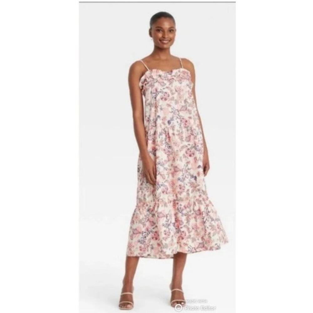 Who What Wear Cotton Floral Print Pastel Tiered Midi Dress Women's‎ Size Medium
